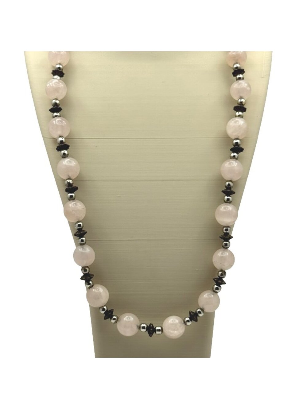 14k White Gold Rose Quartz & Hematite Beaded Necklace 32" Ornate Clasp Vintage